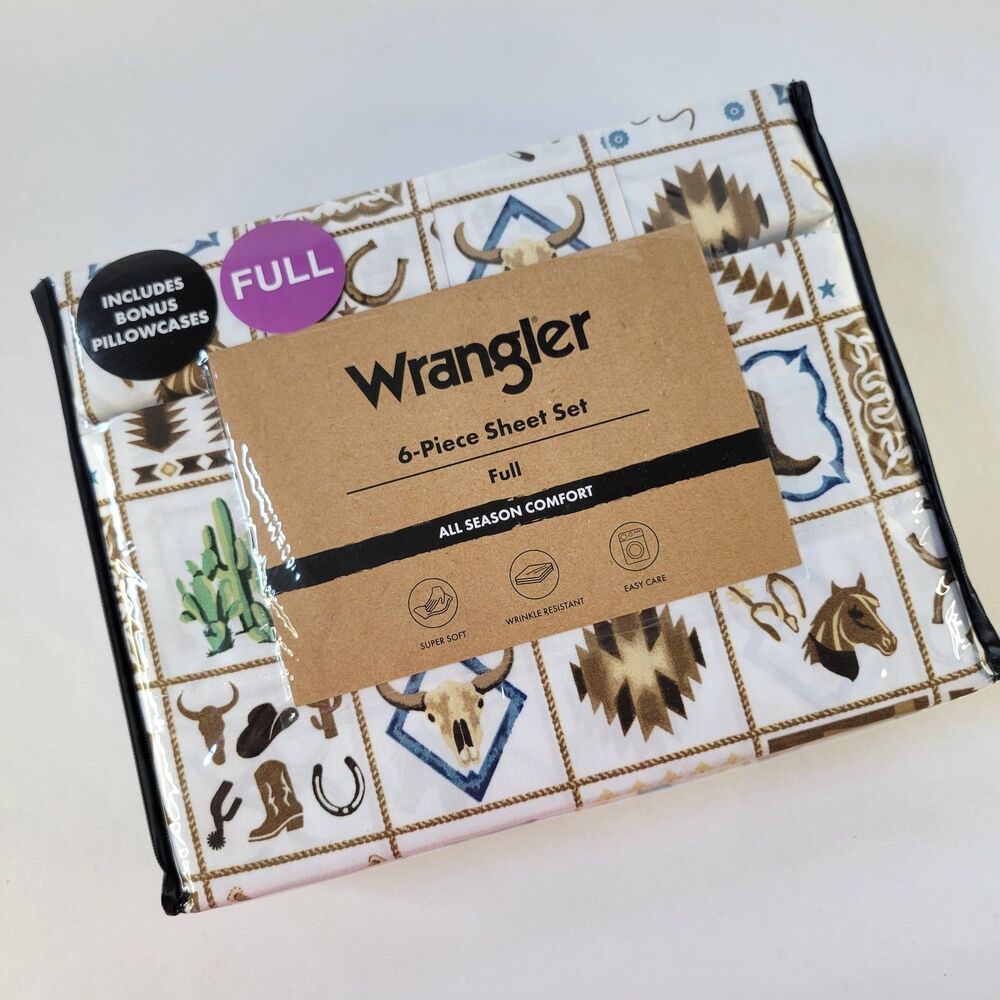 Wrangler White Brown FULL 6pc Sheets Set Western Cowboy Tiles Horses Aztec Boots